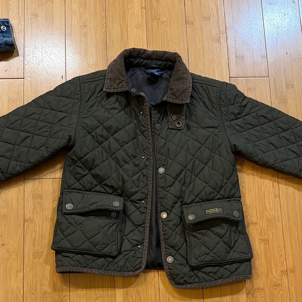 Green Quilted Polo Jacket with Brown corduroy like  Collar and trim size 4